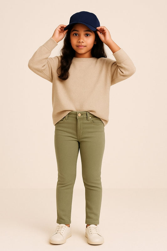 Girls Slim Fit Olive Jeans