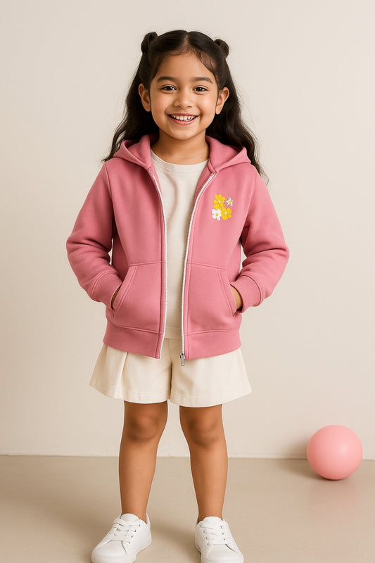 Girls Cotton Poly Solid Pink Hoodie Sweatshirt
