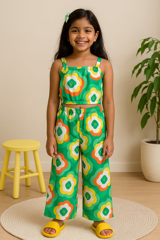 Girls Viscose Green Printed Top & Pant Co-Ord Set