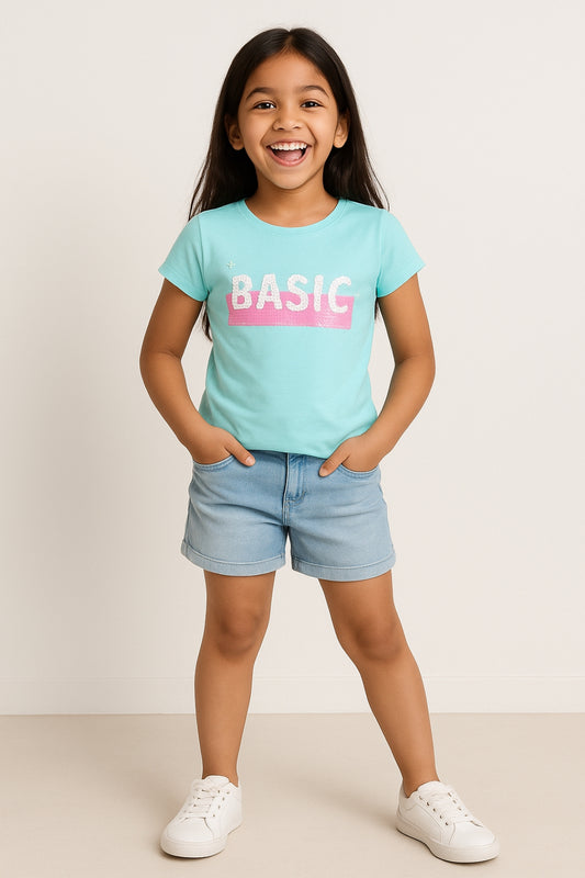 Girls Sky Blue Printed T-shirt
