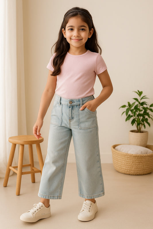 Girls Beige Cotton Poly Washed Wide Leg Jeans