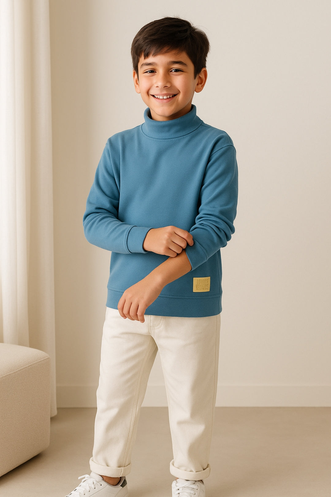 Boys Blue Cotton Turtle Neck Full Sleeve T-Shirt