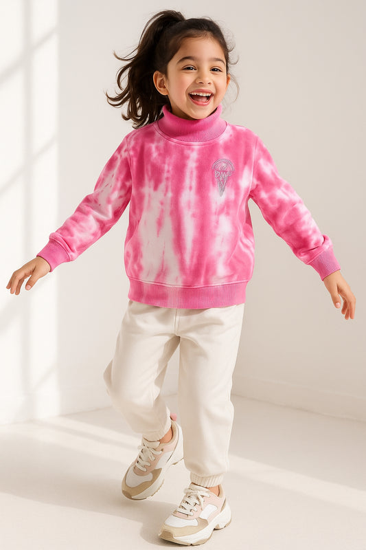 Girls Pink Printed Cotton Sweatshirt