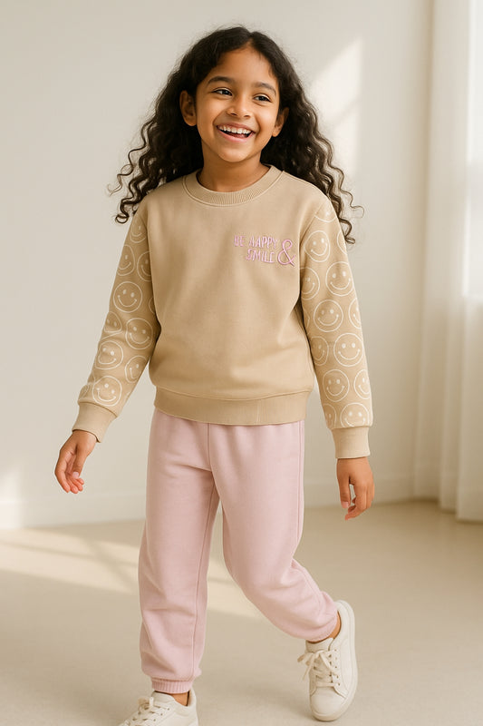 Girls Beige Cotton Sweatshirt