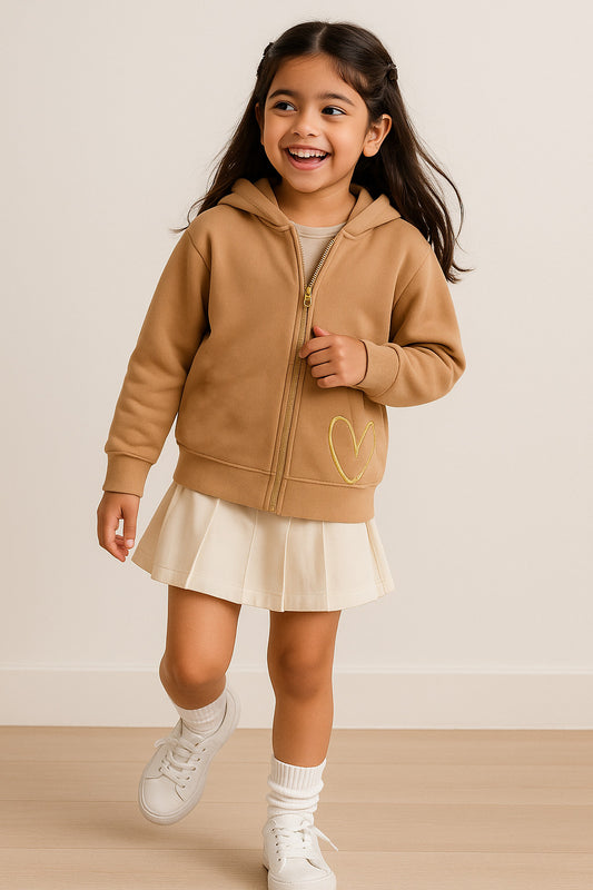 Girls Cotton Poly Solid Brown Hoodie Sweatshirt