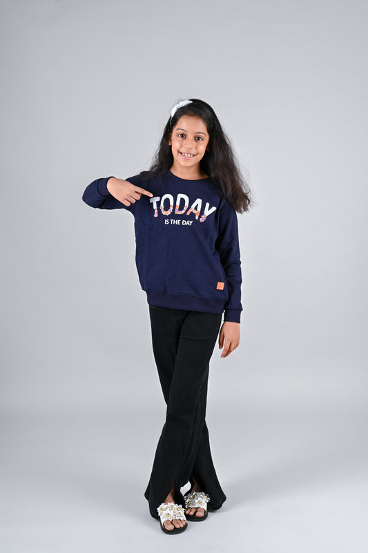 Girls Navy Blue Printed Cotton Sweatshirt