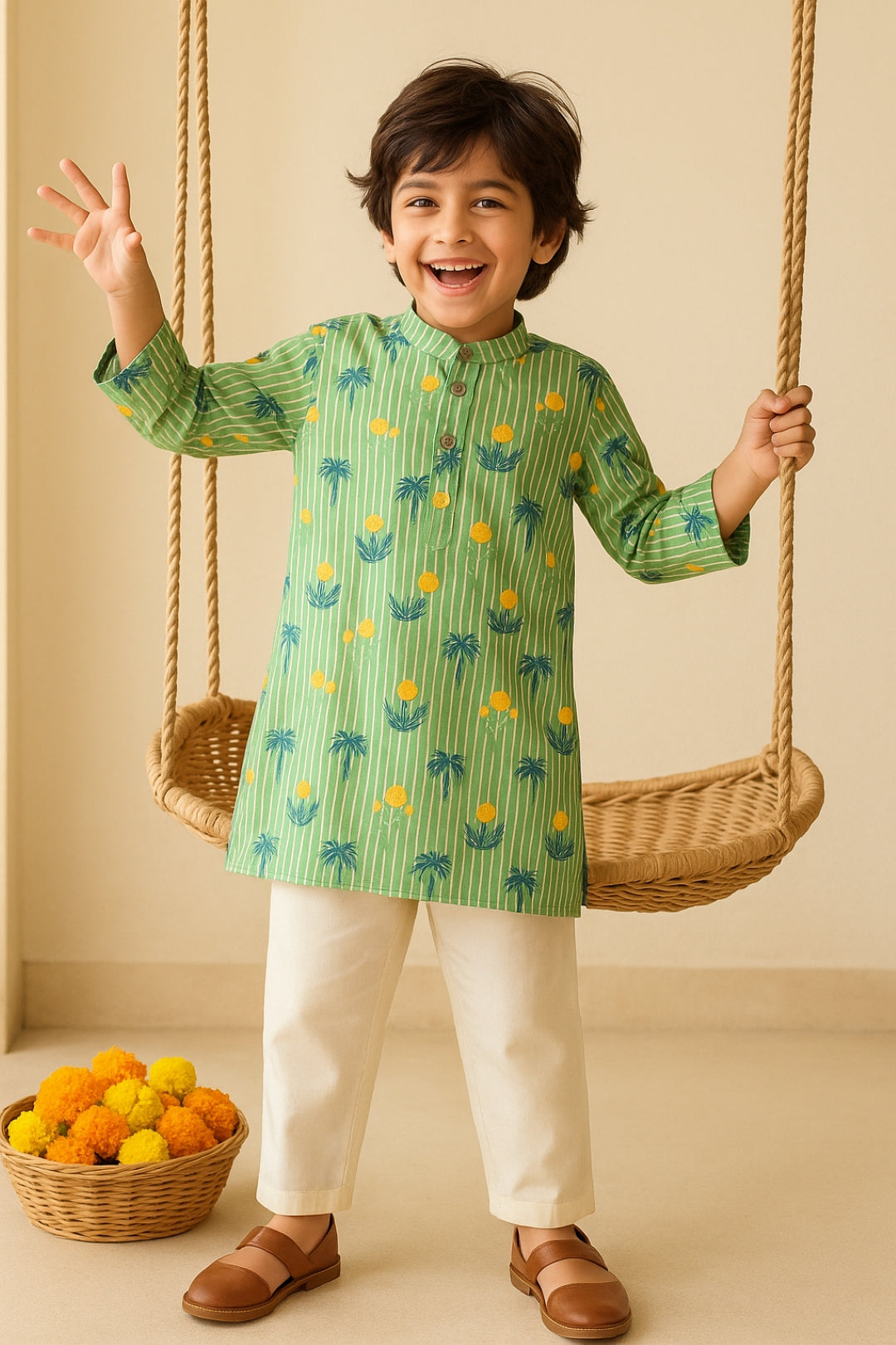 Boys Green Cotton Printed Kurta Set