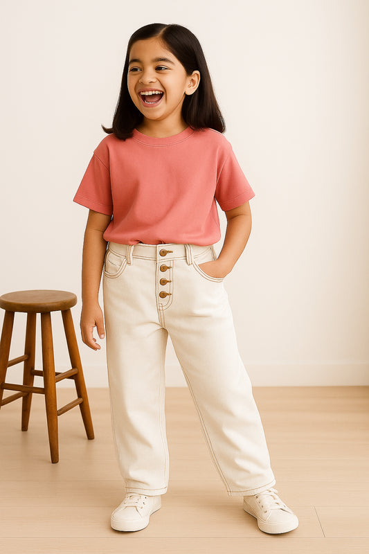 Girls Cotton White Casual Loose Fit Jeans