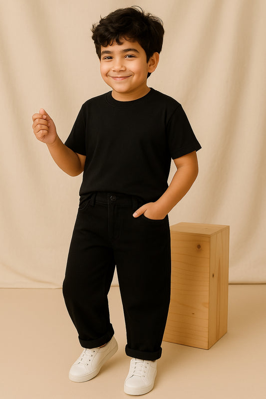 Boys Black Denim Lycra Barrel Fit Jeans