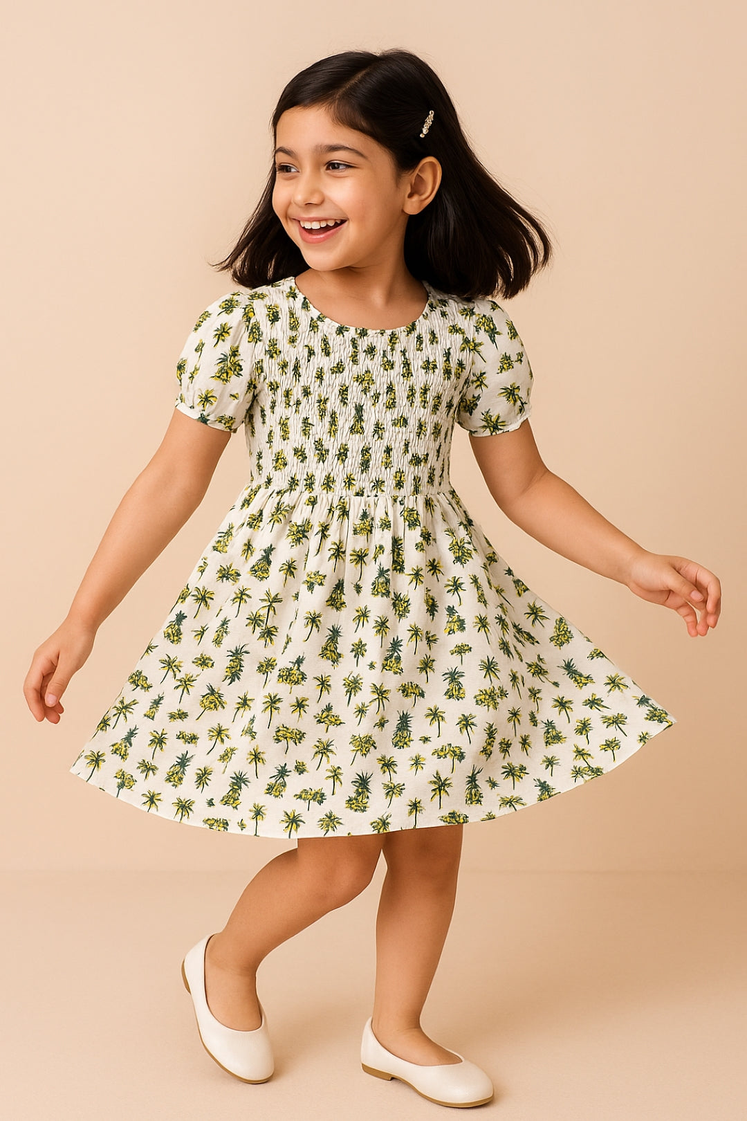 Girls Off White Rayon Regular Fit Half Sleeves Print Dress
