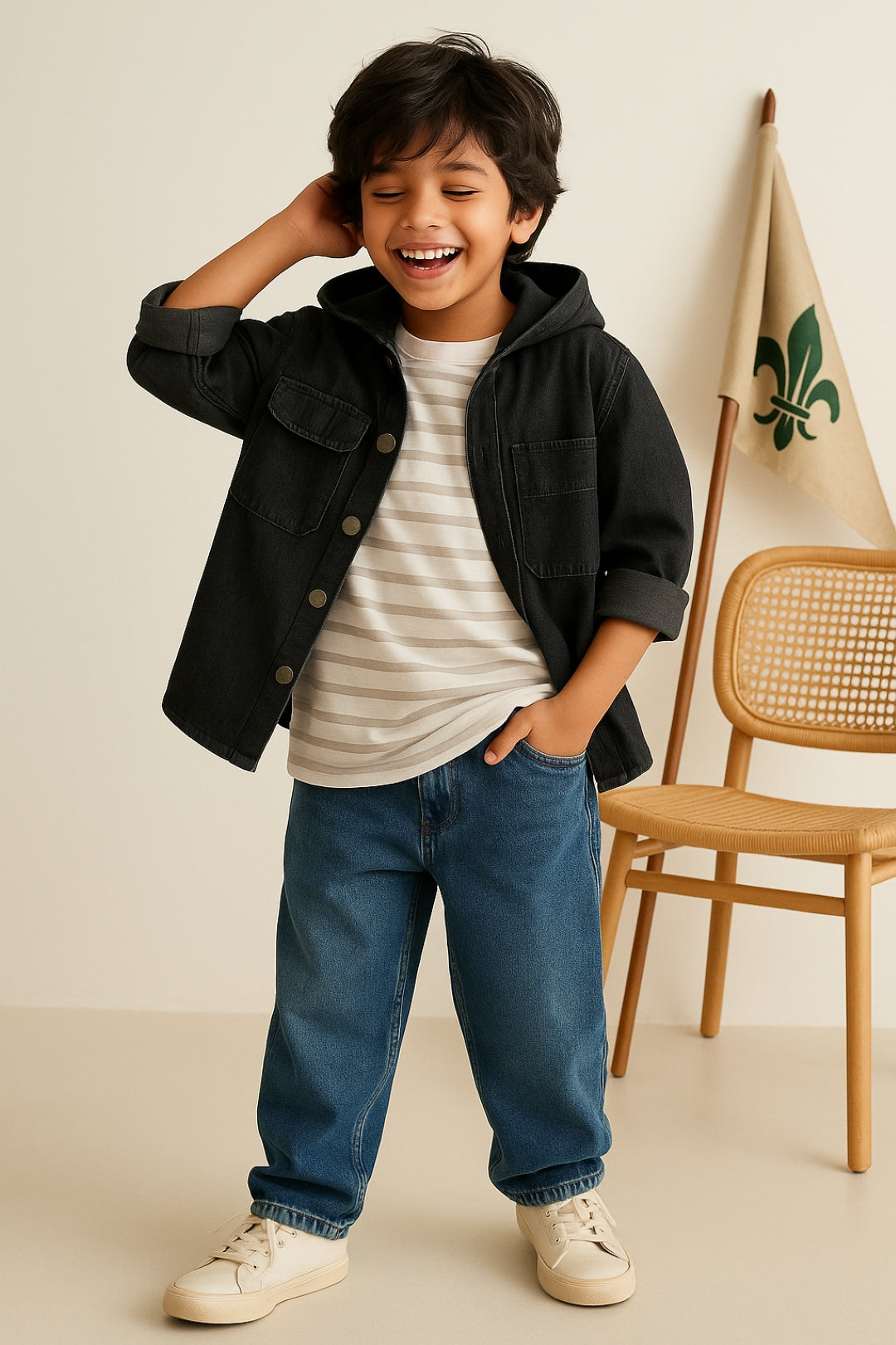 Tales Stories Boys Black Cotton Poly Hooded Shacket Full