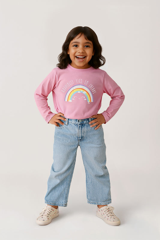 Girls Cotton Pink Printed T-Shirt