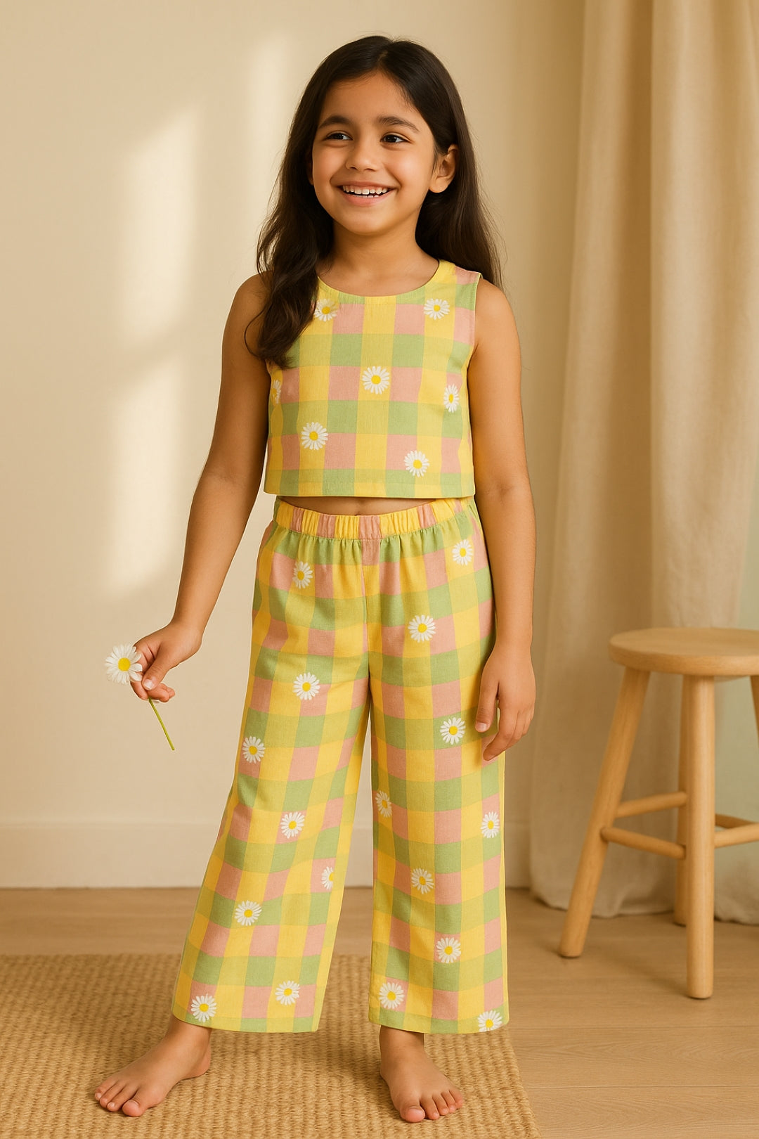Girls Cotton Yellow Printed Top & Pants Co-ord Set