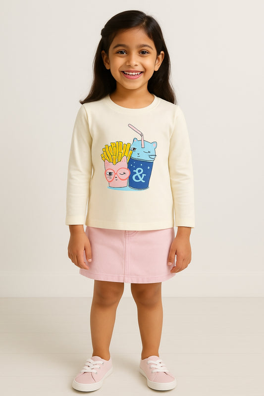 Girls Off White Cotton Printed  T-Shirt