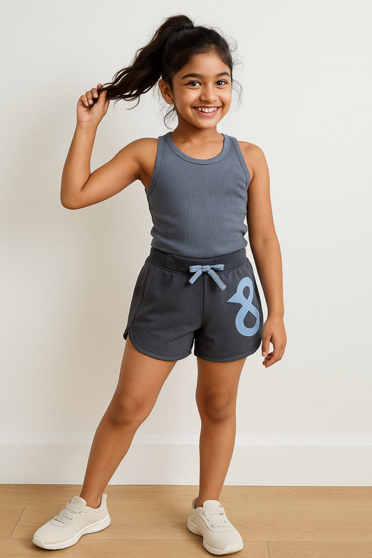 Girls Grey Cotton Poly Regular Fit Print Shorts