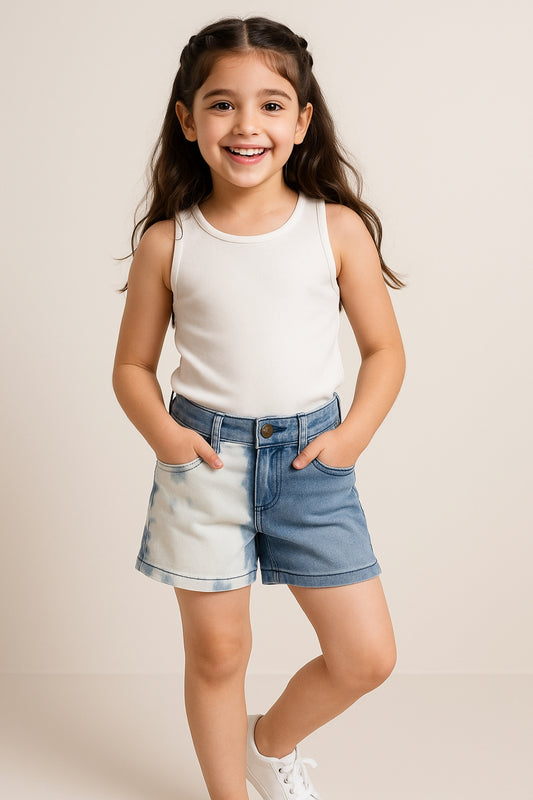 Girls Light Blue Lycra Regular Fit Tie & Dye Shorts