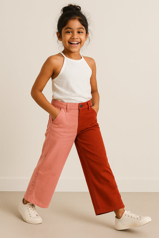 Girls Red Colour Block Jeans