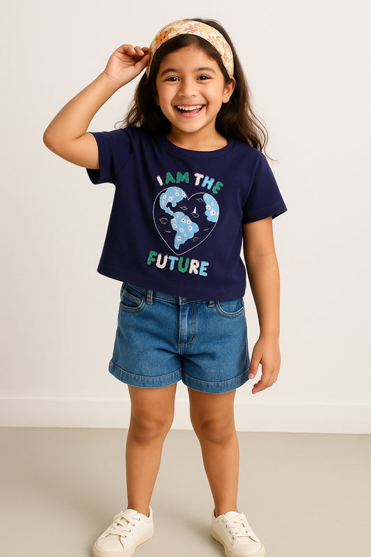 Girls Dark Blue Printed T-Shirt