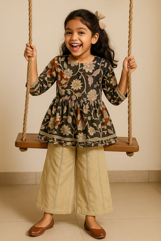 Girls Viscose Floral Printed Grey Top & Sharara Ethnic Set