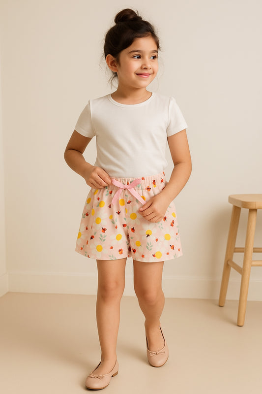 Girls Peach Cotton Printed Shorts