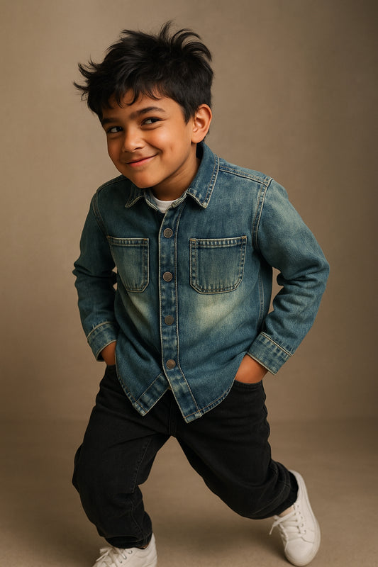 Boys Blue Cotton Poly Washed Shirt