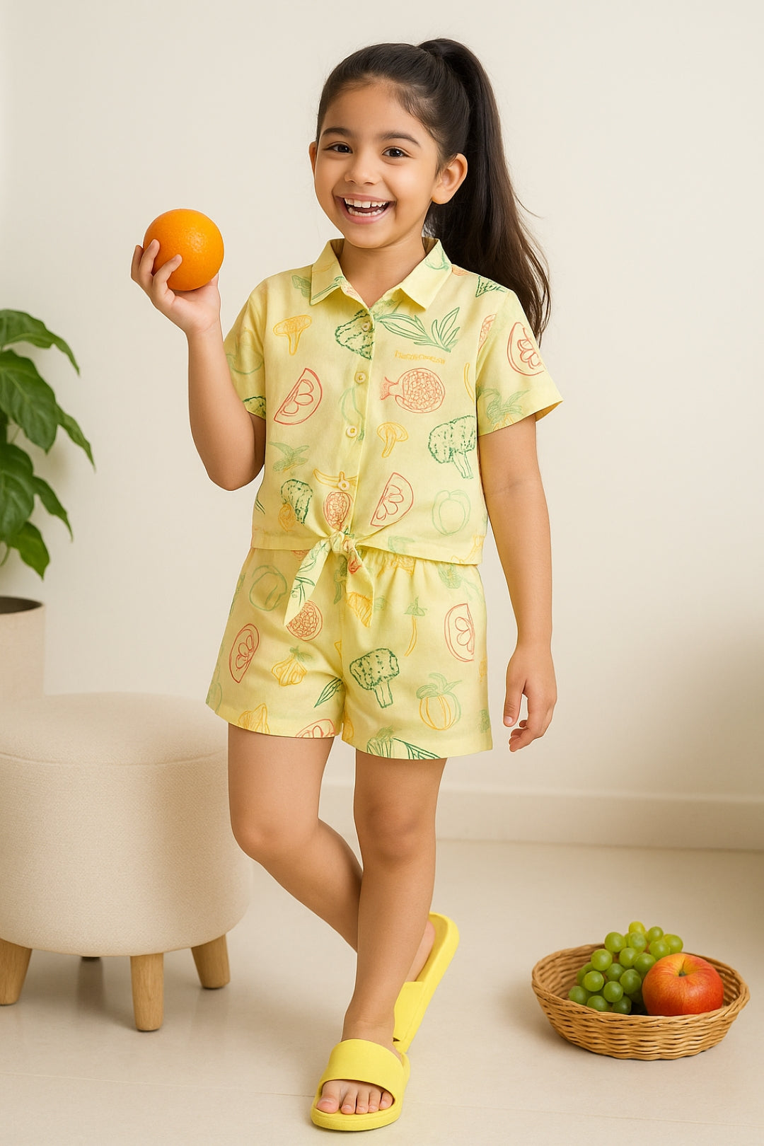 Girls Cotton Printed Top & Short Casual Yellow Co-ord Set