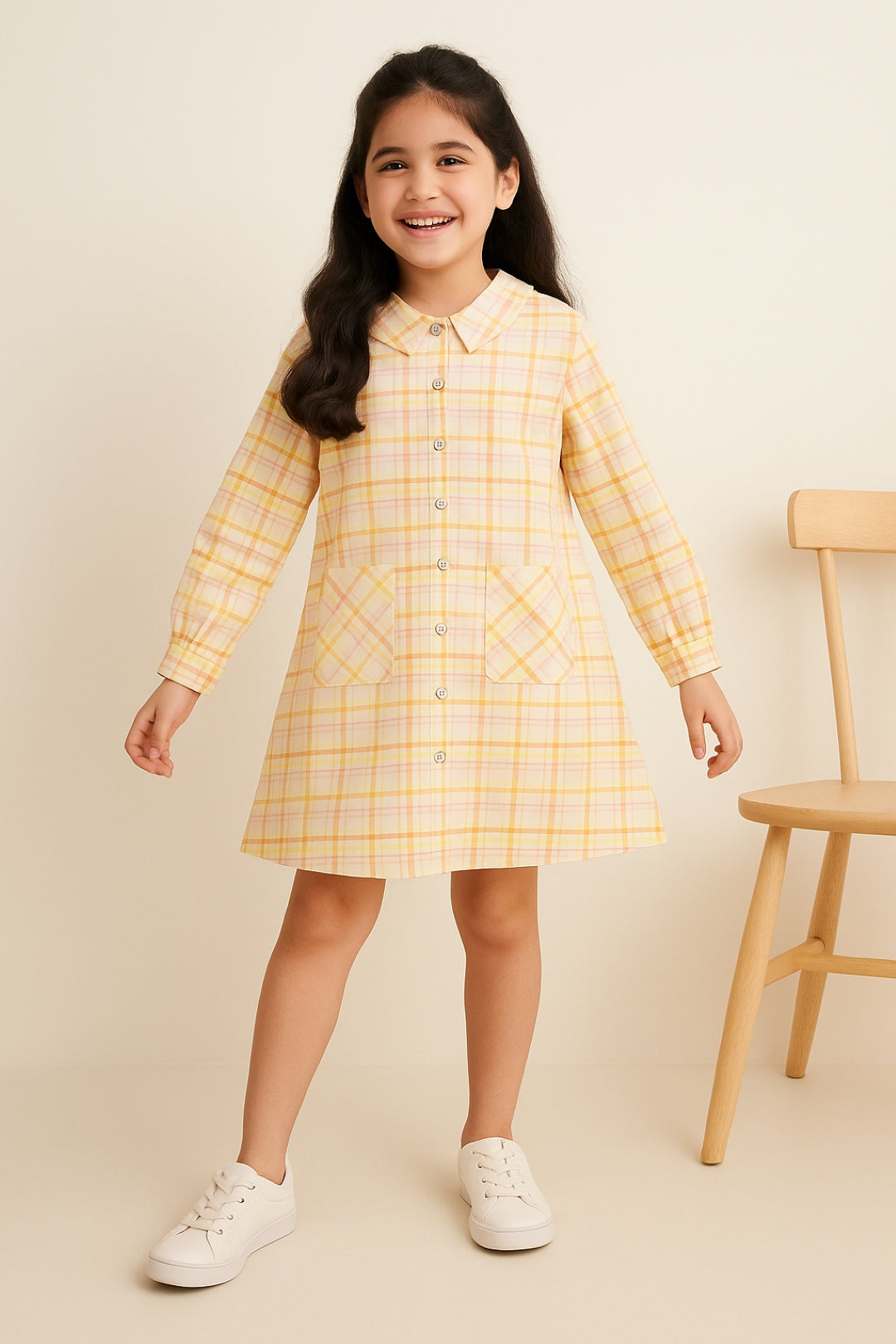 Girls Yellow Cotton Checkered Dress