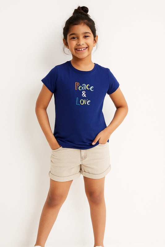 Girls Navy Blue Cotton Blend Embroidery T-shirt