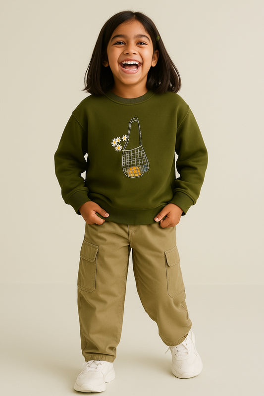 Girls Olive Poly-Cotton HD Printed Sweatshirt