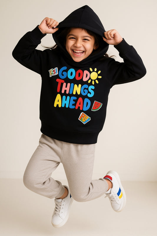 Girls Black Poly-Cotton Printed Sweatshirt