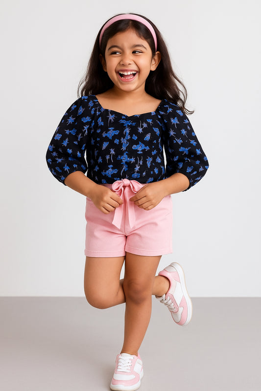 Girls Black Rayon Print Elbow Sleeve Top