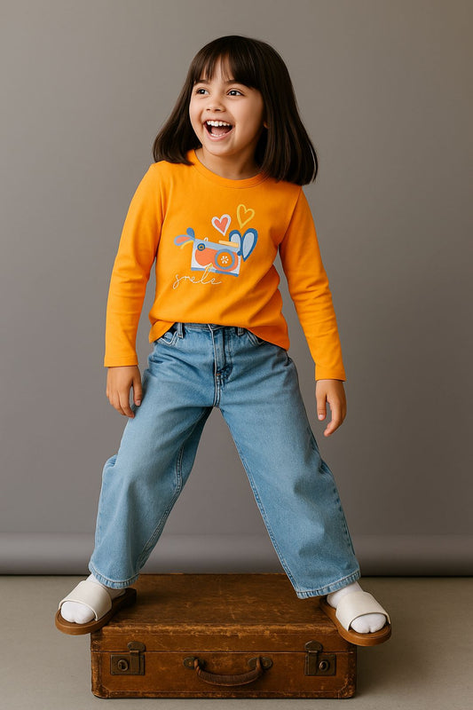 Girls Cotton Orange Printed T-Shirt