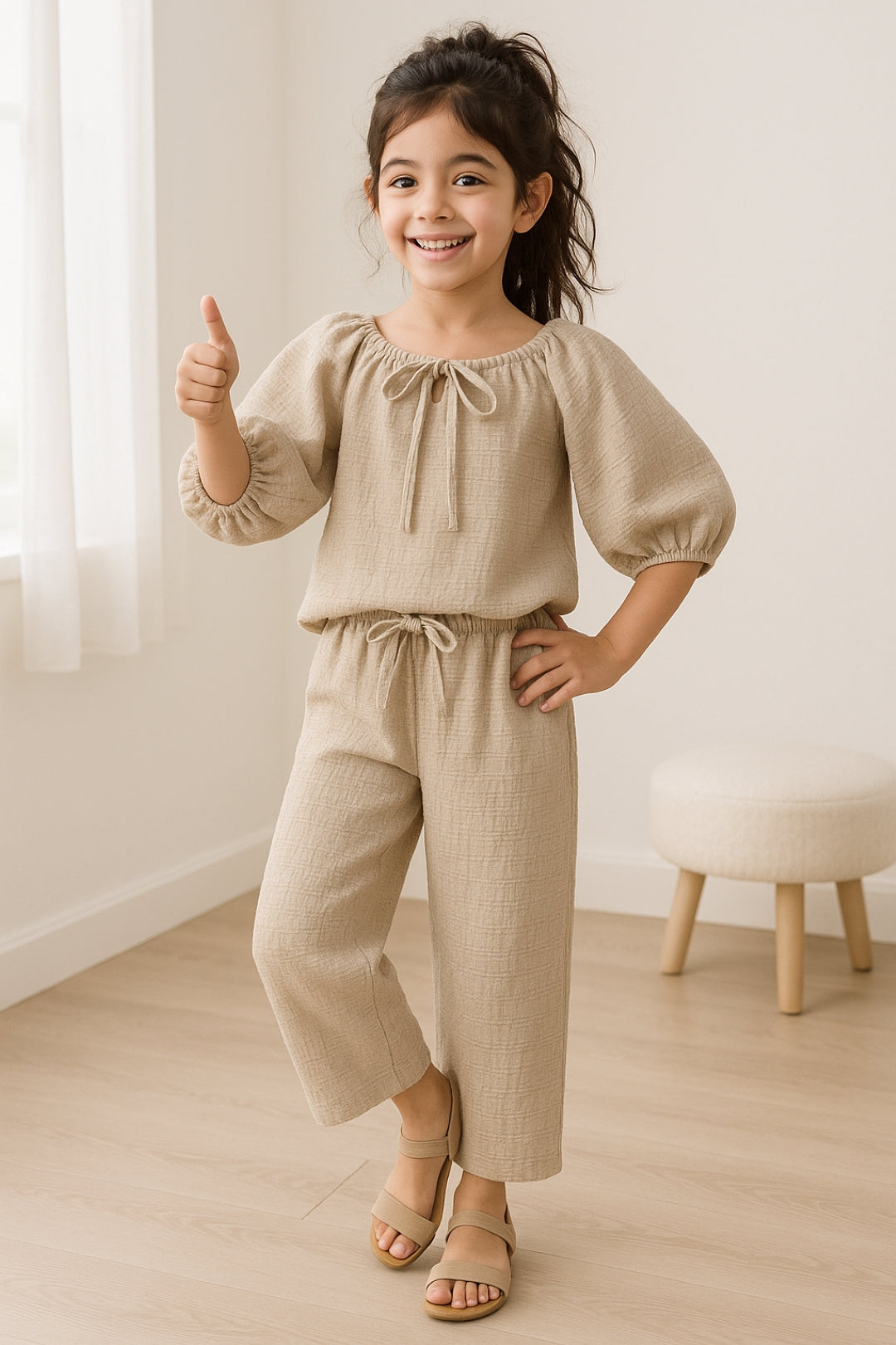 Girls Beige Solid Top & Palazzo Co-ord Set