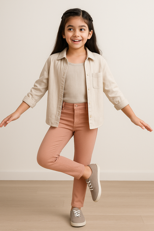 Girls Peach Lycra Slim Fit Trouser