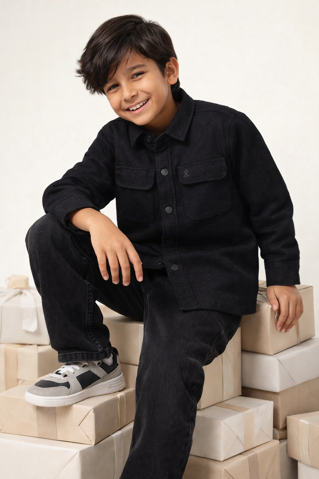 Boys Black Linen Shacket