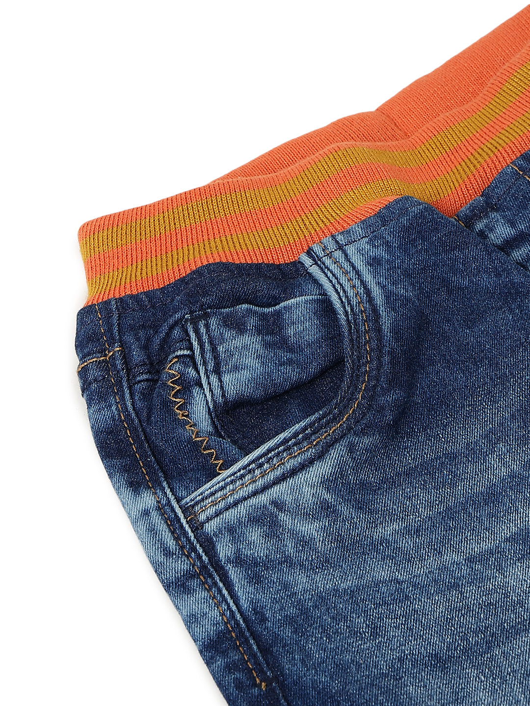 BOYS MID BLUE DENIM CASUAL JOGGERS WITH ORANGE WAISTBAND