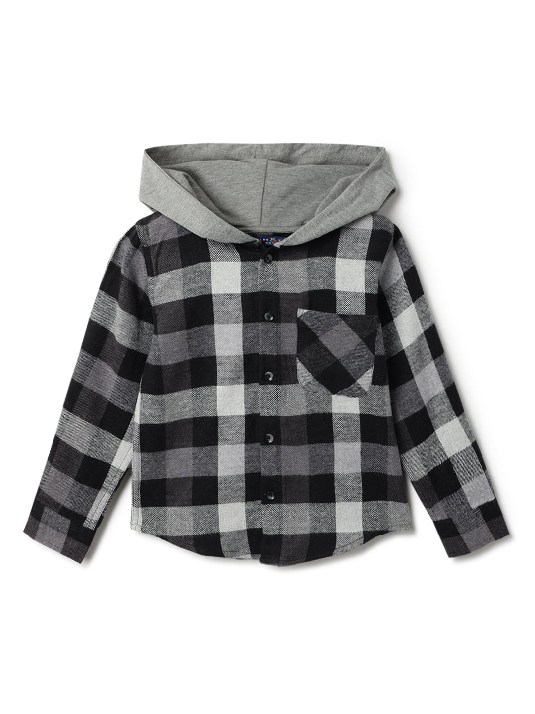 Boys Black Cotton Poly Checked Hooded Shirt