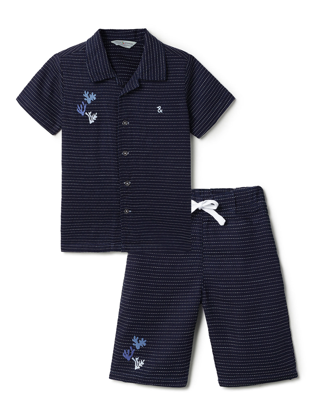 Boys Navy Blue Cotton Striped Shirt & Shorts Set