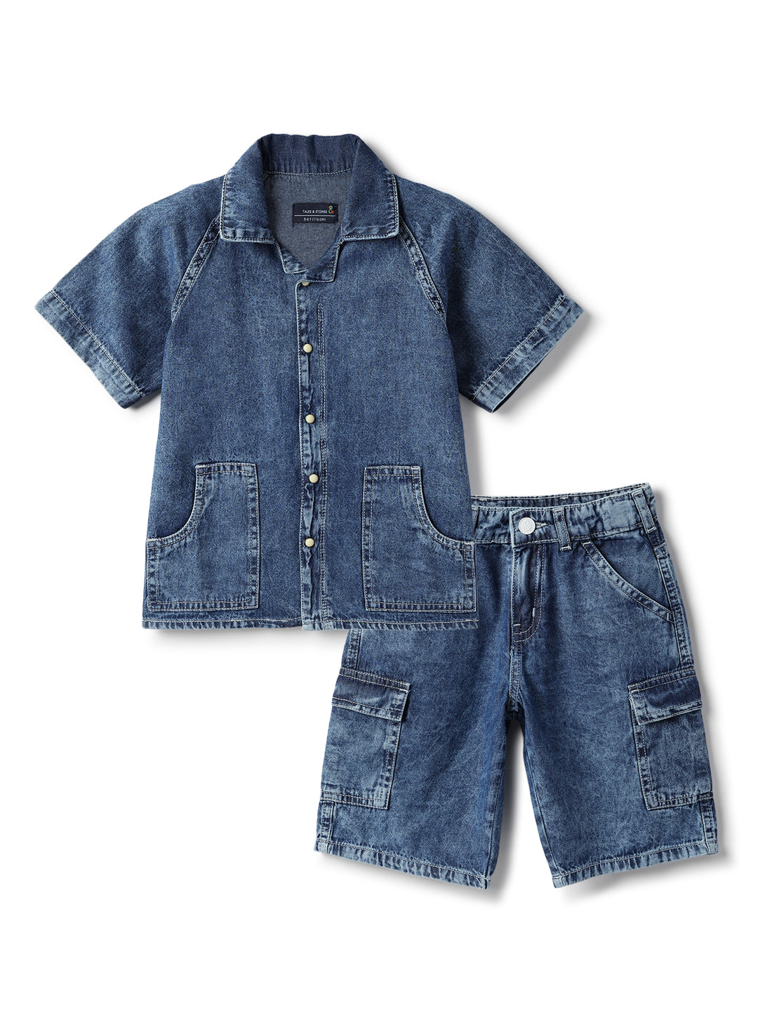 Boys Cotton Denim Look Blue Shirt & Shorts Co-Ord Set