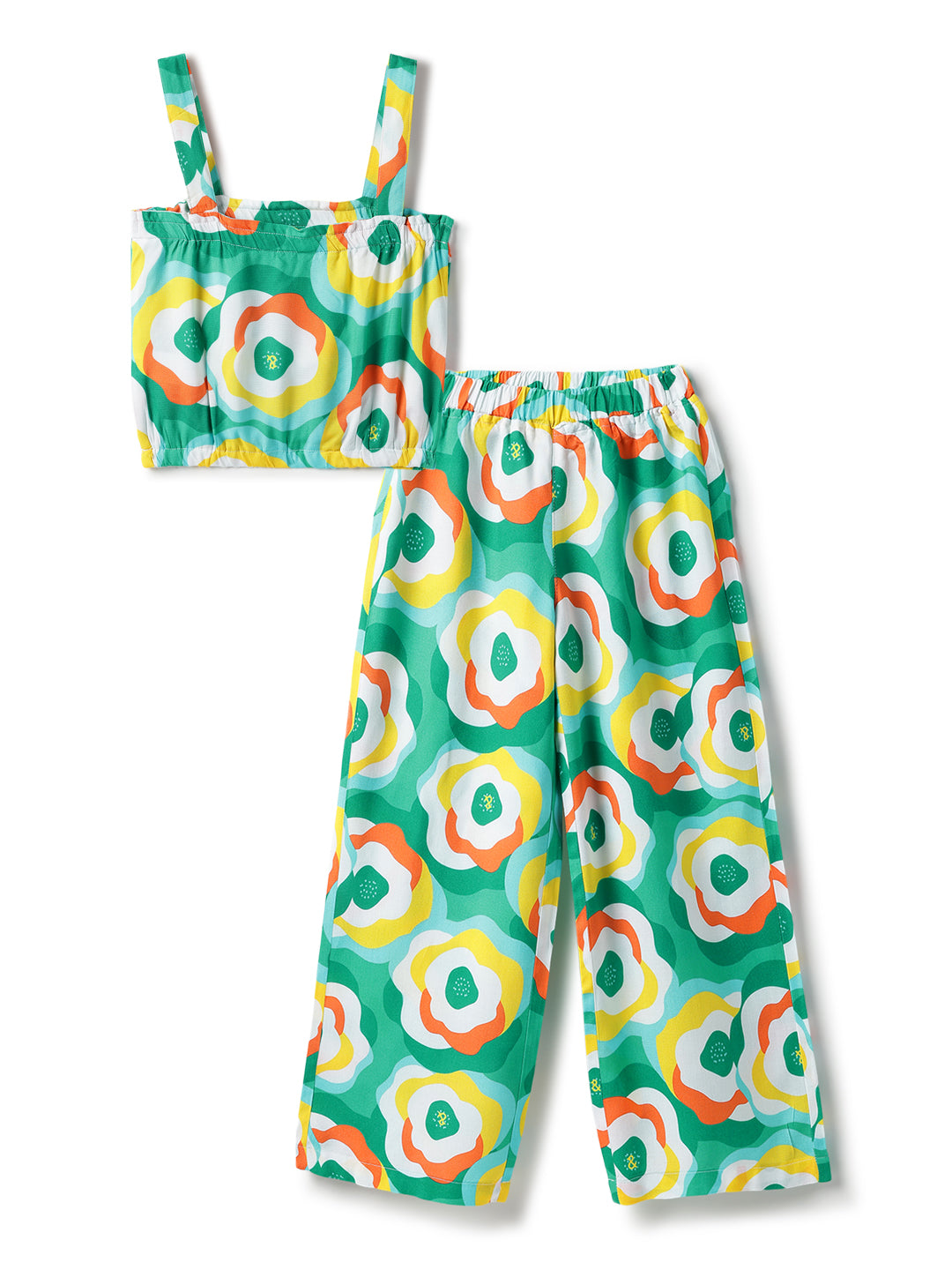 Girls Viscose Green Printed Top & Pant Co-Ord Set