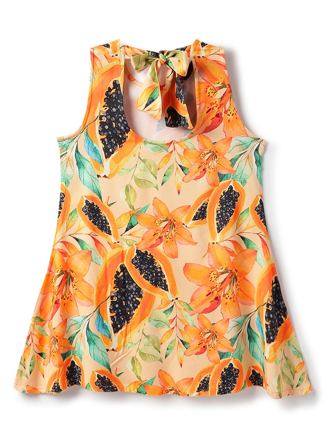 Girls Viscose Orange Floral Sleeveless Casual Dress