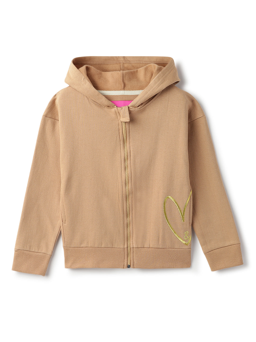 Girls Cotton Poly Solid Brown Hoodie Sweatshirt