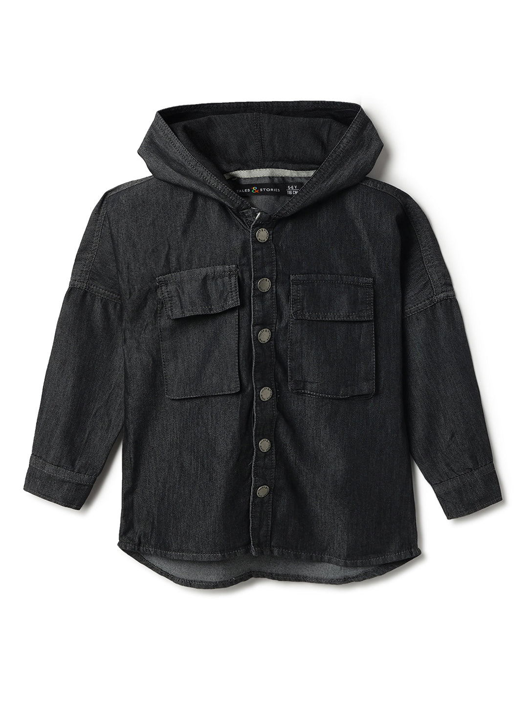 Boys Black Cotton Poly Hooded Shacket