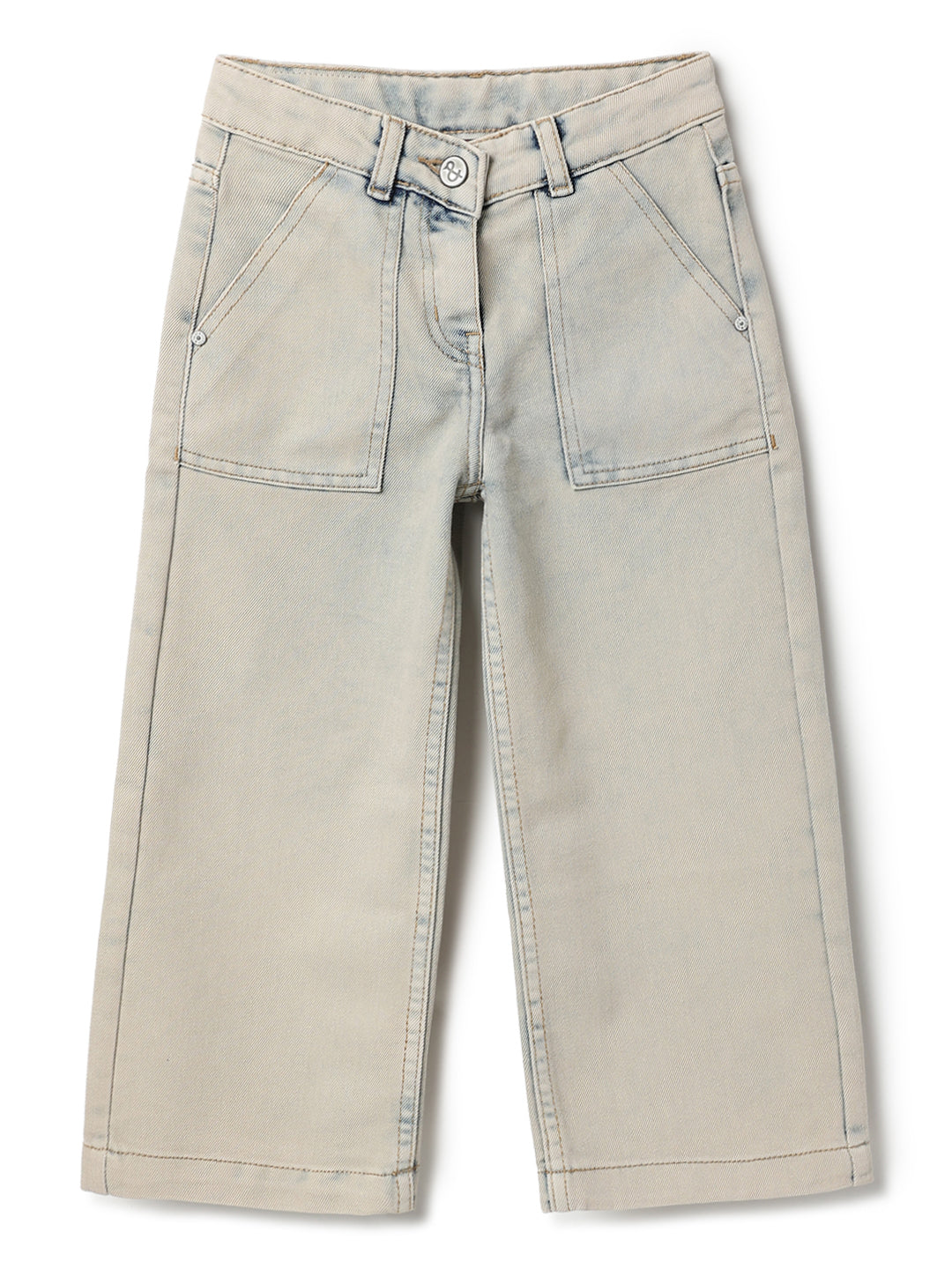 Girls Beige Cotton Poly Washed Wide Leg Jeans