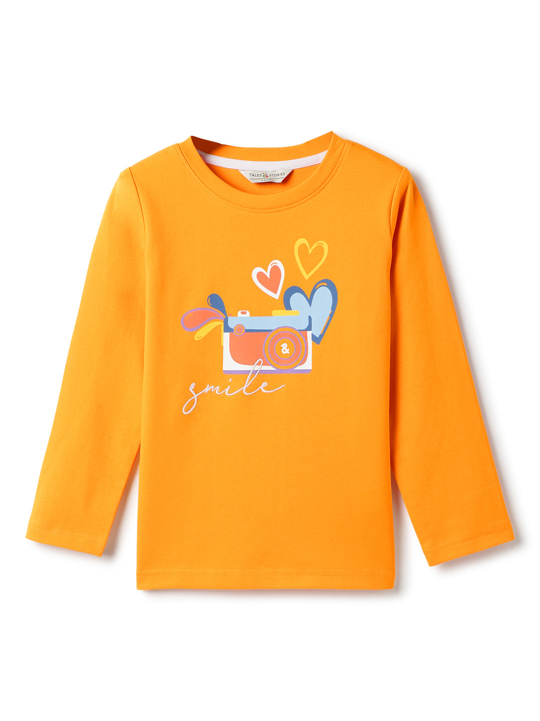 Girls Cotton Orange Printed T-Shirt