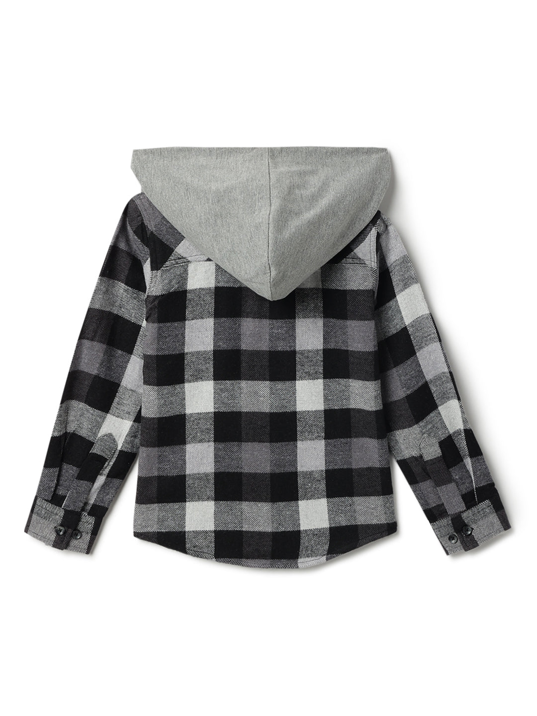 Boys Black Cotton Poly Checked Hooded Shirt