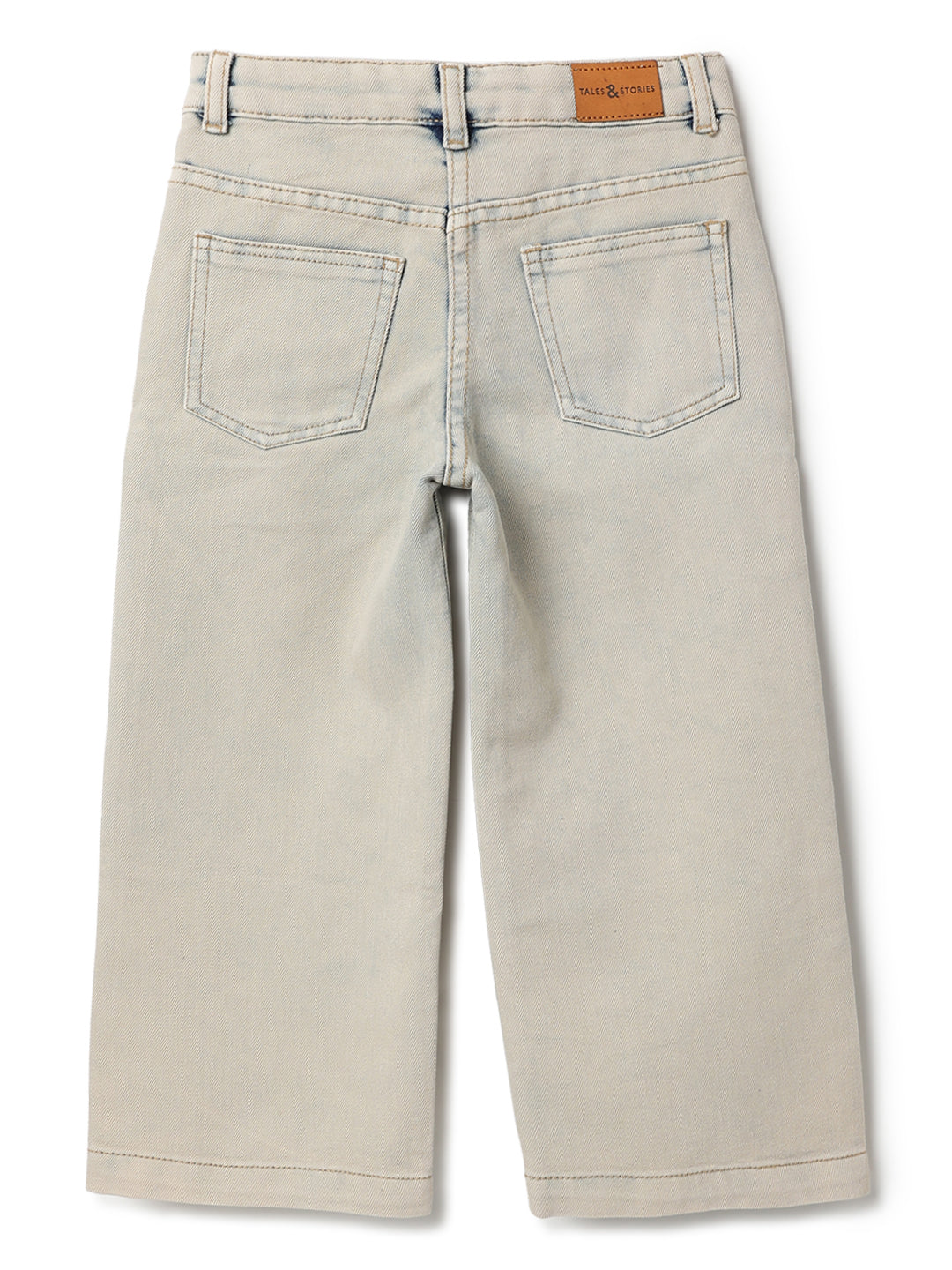 Girls Beige Cotton Poly Washed Wide Leg Jeans