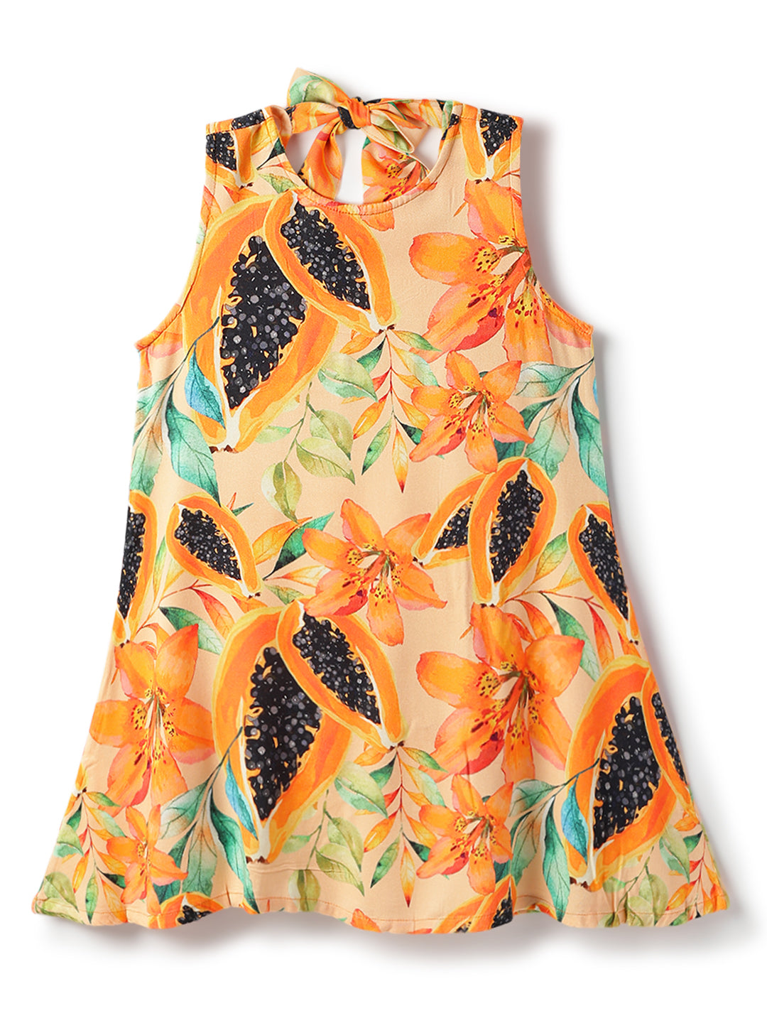 Girls Viscose Orange Floral Sleeveless Casual Dress