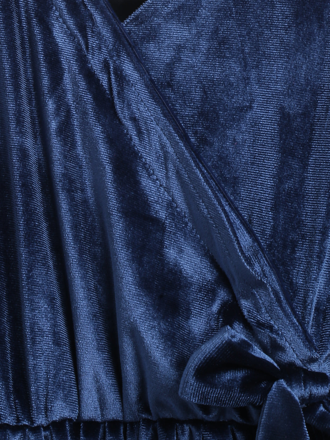Girls Navy Blue Velvet Elbow Sleeve Flared Fit Solid Dress