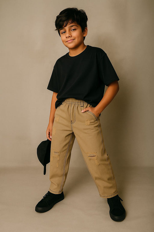 Boys Khakhi Cotton Washed Balloon fit Trouser